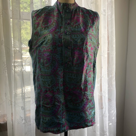 🎄100% silk tunic/shirt button front SZ L pink/blue - Picture 3 of 12